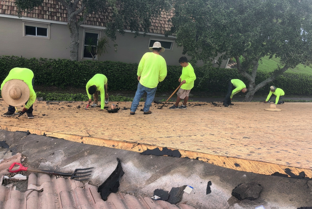 Roofing crew installing tile on a Florida home — representative of our founder's prior project work